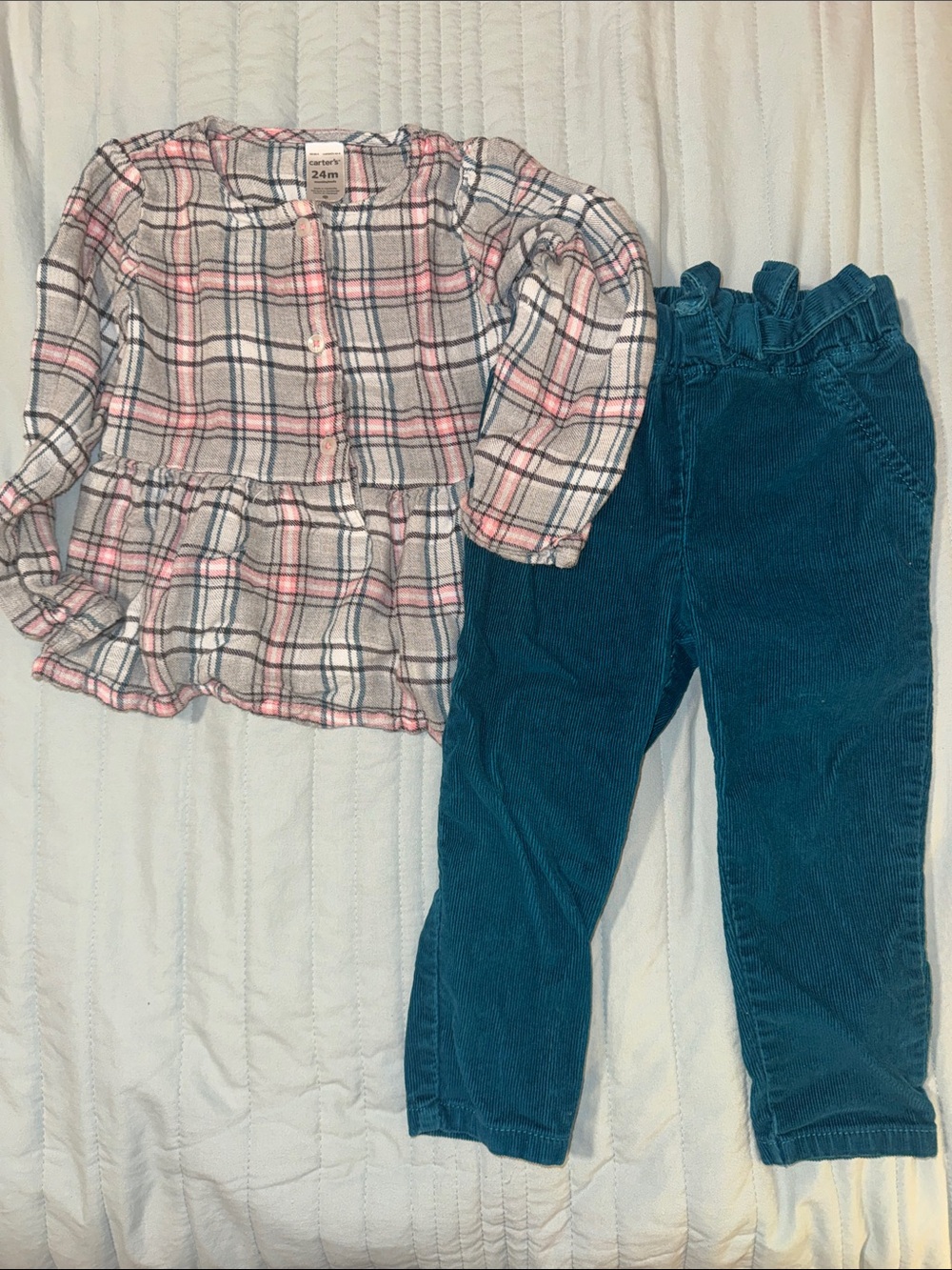 Fun Fall Outfit - Teal Corduroy Pants with Coordinating Gray Plaid Tunic Top